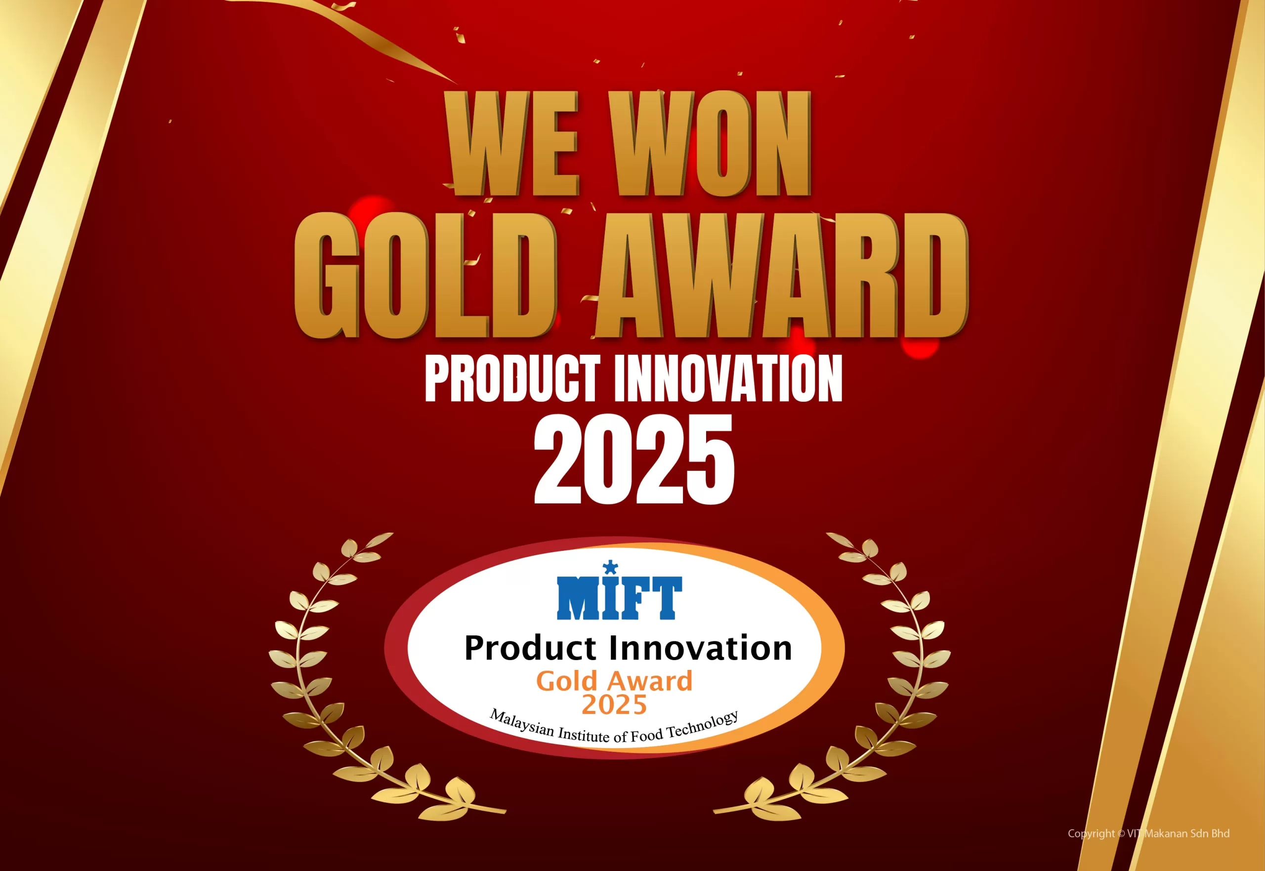 Vit’s MIFT Gold Award announcement featuring a golden shield badge for the MIFT Product Innovation Gold Award, highlighting Vit’s Instant Noodle Carbonara as the 2025 award winner.