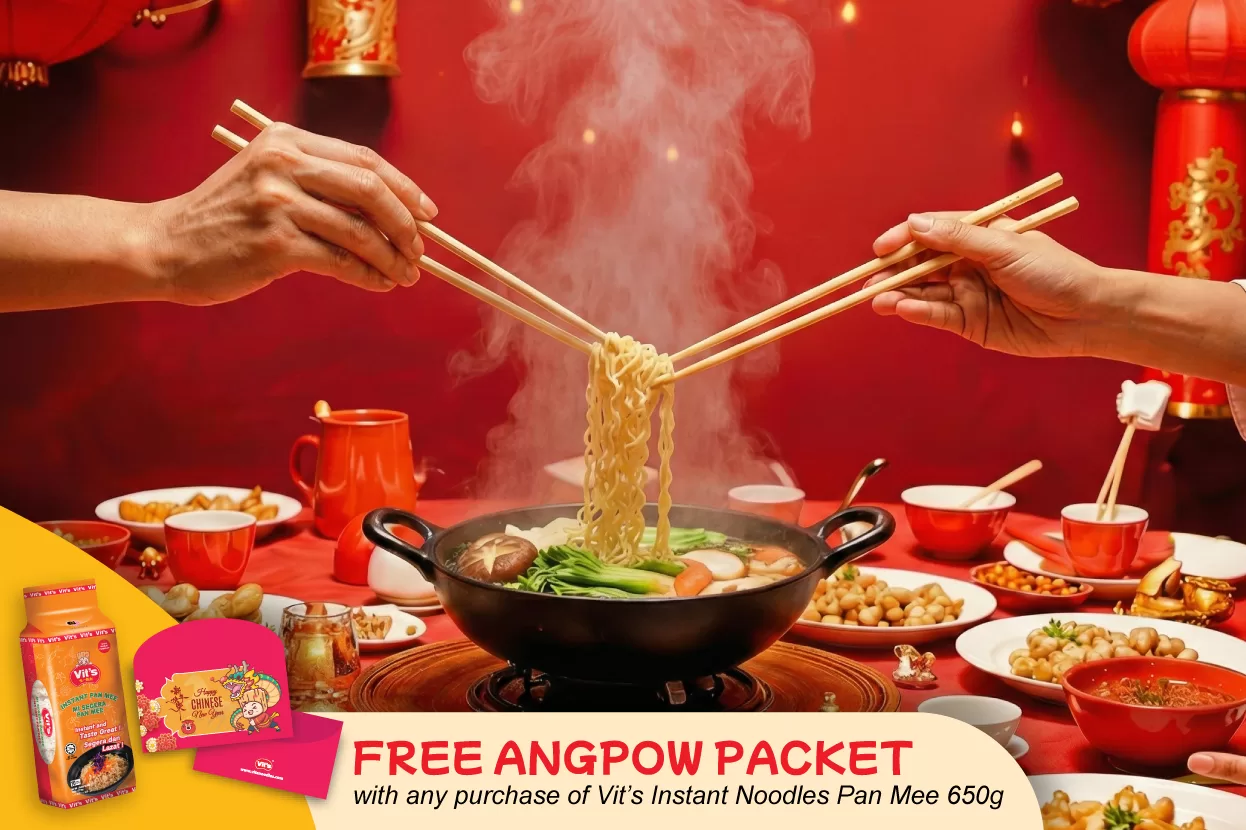 Celebrating the Year of the Horse 2026 with traditional prosperity foods and Vits Instant Noodles to symbolize success, energy, and shared happiness