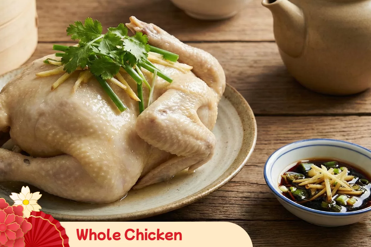Serving whole chicken during reunion dinners as a symbolic gesture of completeness, family unity, and good fortune for the Chinese New Year