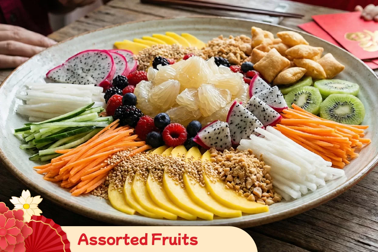 Serving a selection of assorted fruits during Chinese New Year to attract positive energy and represent a combination of blessings like longevity, wealth, and peace