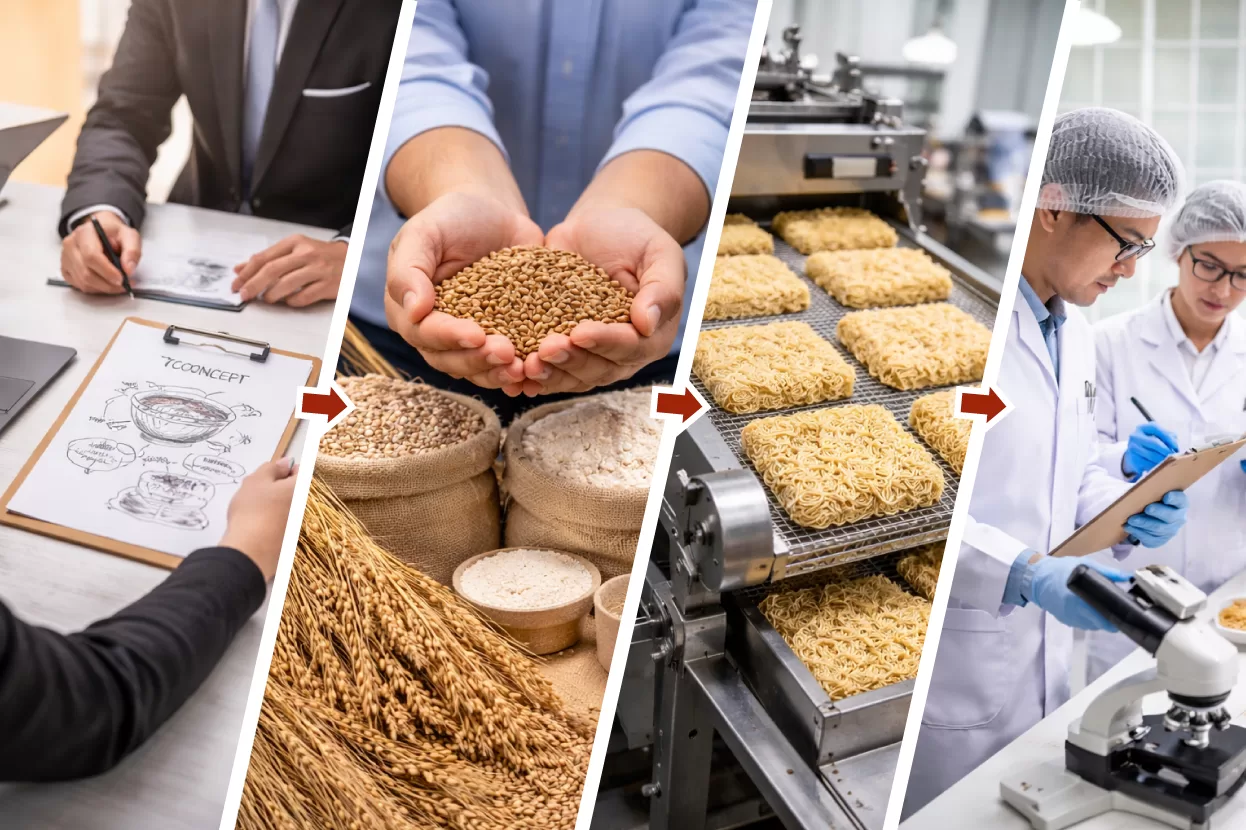 Vit's OEM & Private Label Service Developing an instant noodle product involves careful formulation, ingredient sourcing, production efficiency, and food safety compliance, with multiple testing and refinement stages to ensure consistent quality, texture, and flavour before market launch.