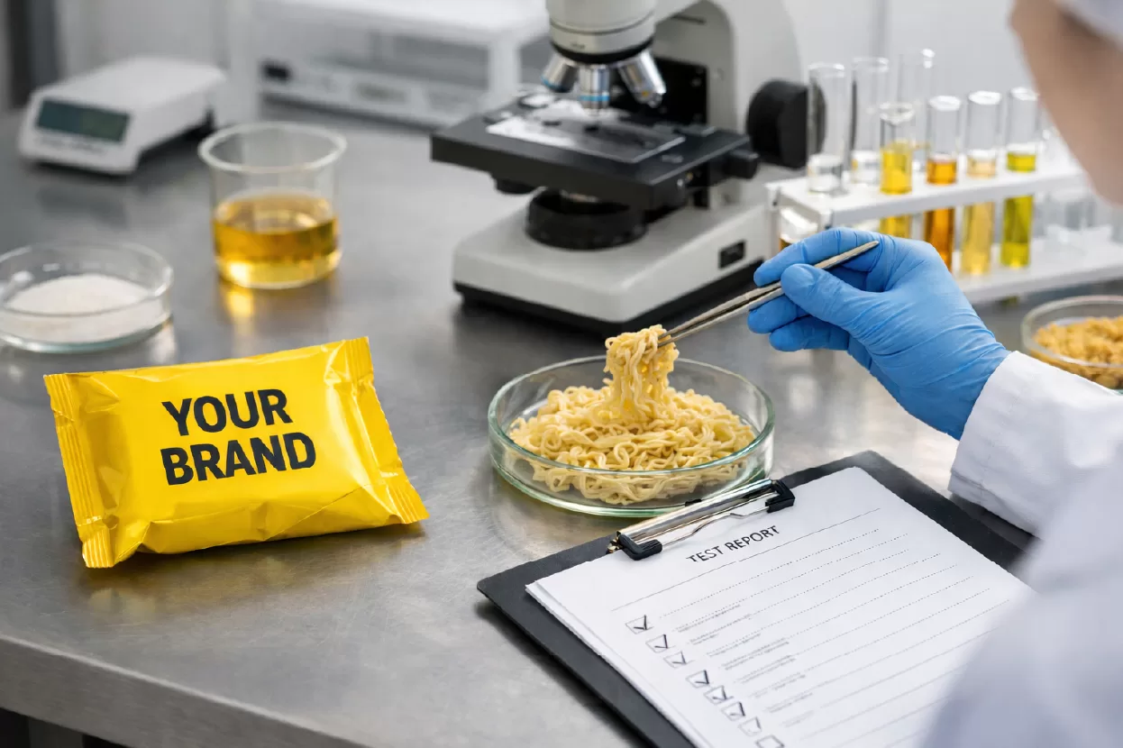 Product testing and compliance are essential because they ensure the noodle brand meets legal standards and avoid costly issues like redesigns, delays, and penalties later on.