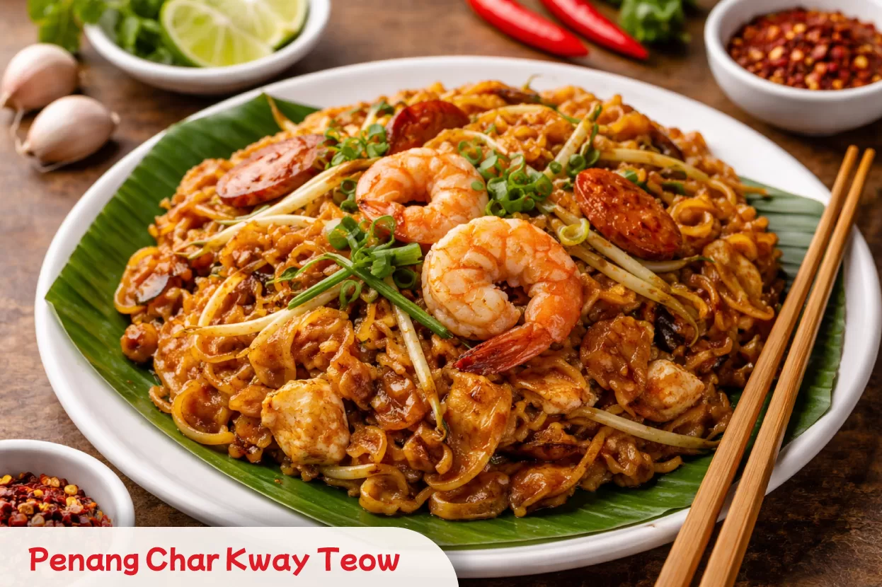 Plate of Penang Char Kway Teow with prawns, dark soy sauce and chilli paste showcasing Malaysia’s iconic noodle dish.