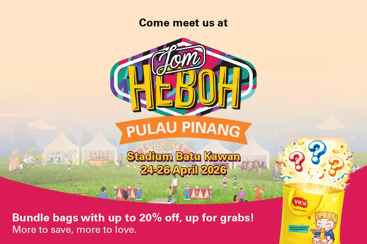 Join Vit’s Noodles at Karnival Jom Heboh Penang, Penang for special noodle promotions at Stadium Batu Kawan, April 24–26.