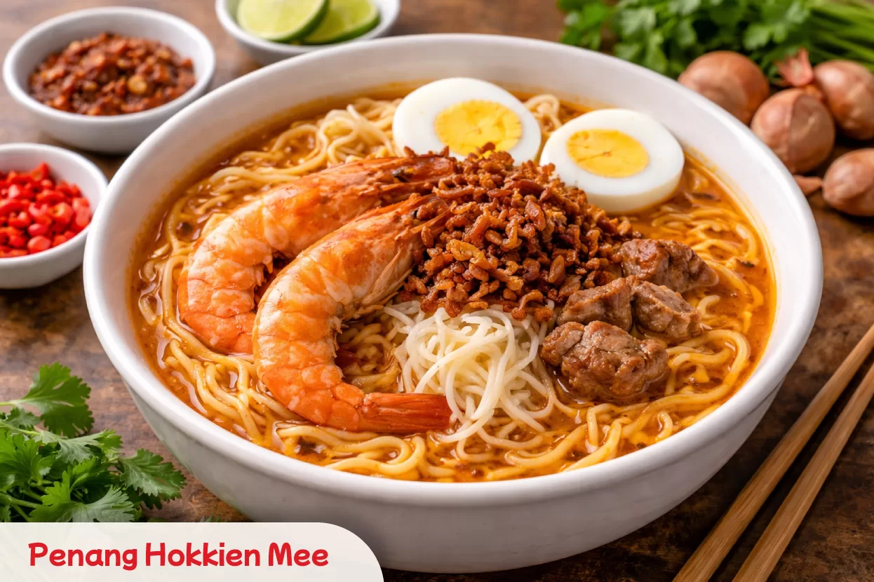 Savouring Penang Hokkien Mee, featuring aromatic prawn broth, yellow noodles, and fresh toppings for an authentic food experience.