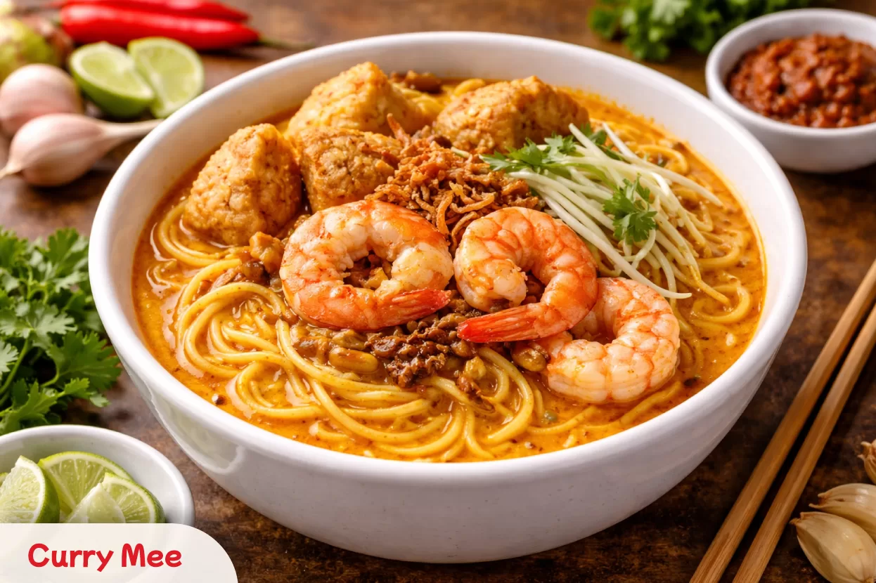 Exploring Penang Curry Mee, a fragrant coconut milk broth with yellow noodles, tofu puffs, and shrimp for a rich dining experience.