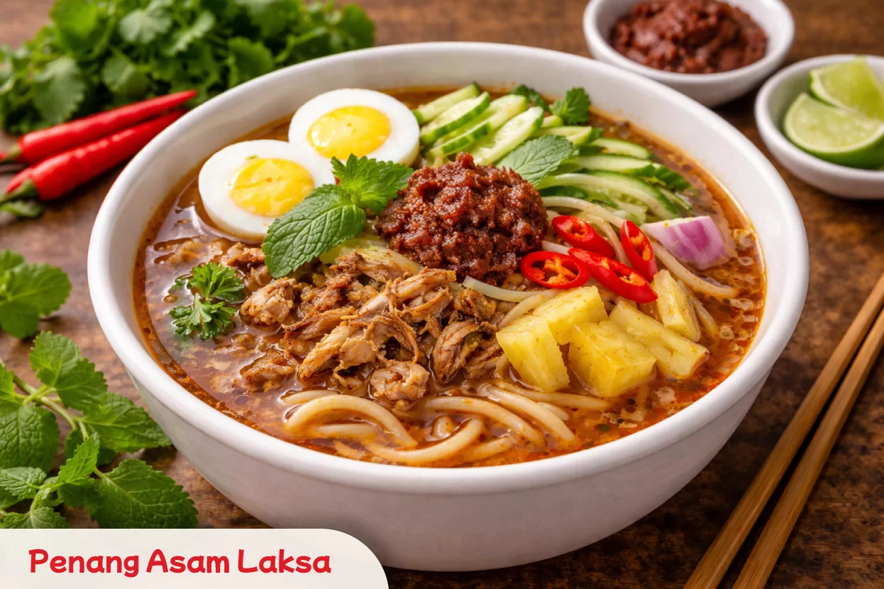 Savouring Penang Asam Laksa, a tangy fish-based noodle soup with tamarind, lemongrass, and fresh herbs for a unique taste.