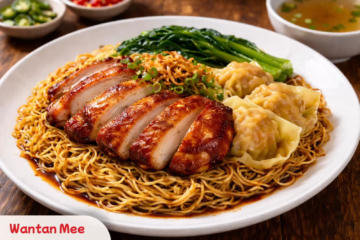 Wan Tan Mee Enjoying Penang Wantan Mee, featuring springy egg noodles, roasted chicken, and dumplings in a savoury soy sauce for a balanced meal.
