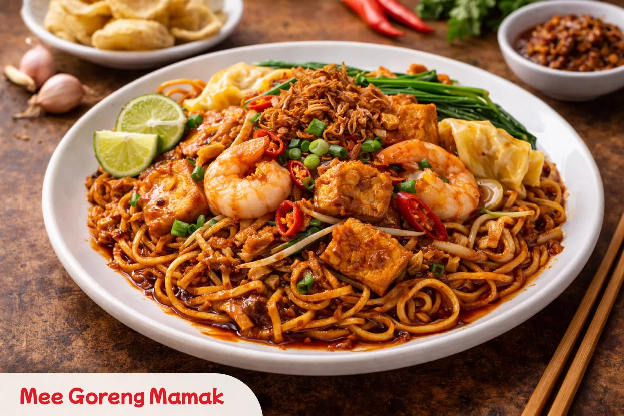 Enjoying Mee Goreng Mamak, a vibrant stir-fried noodle dish with tofu, potatoes, and bold spices for a rich Malaysian flavor.