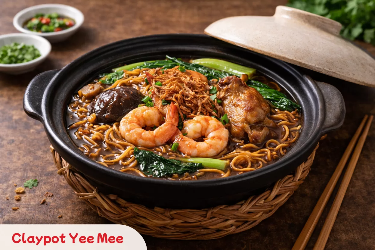 Savouring Claypot Yee Mee, with crispy noodles in a thick savoury gravy with vegetables and meat for a comforting meal.