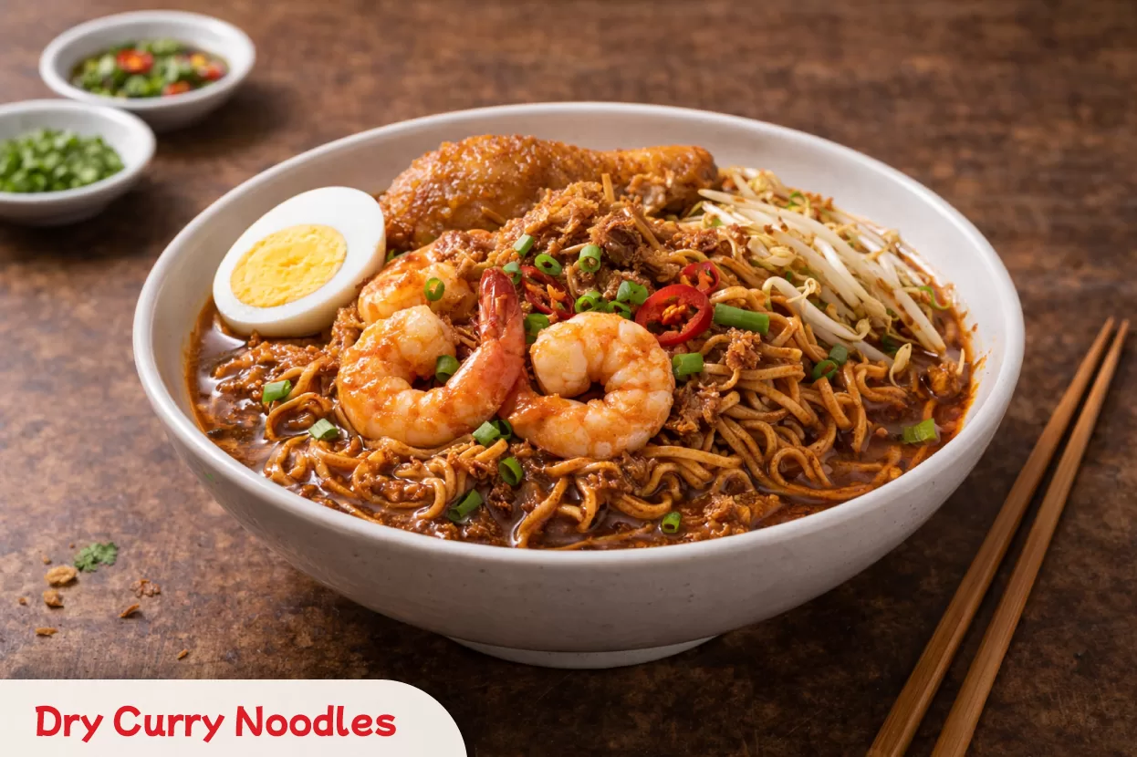 Enjoying Dry Curry Noodles, featuring a rich concentrated sauce tossed with chicken and shrimp for a bold Malaysian flavor.