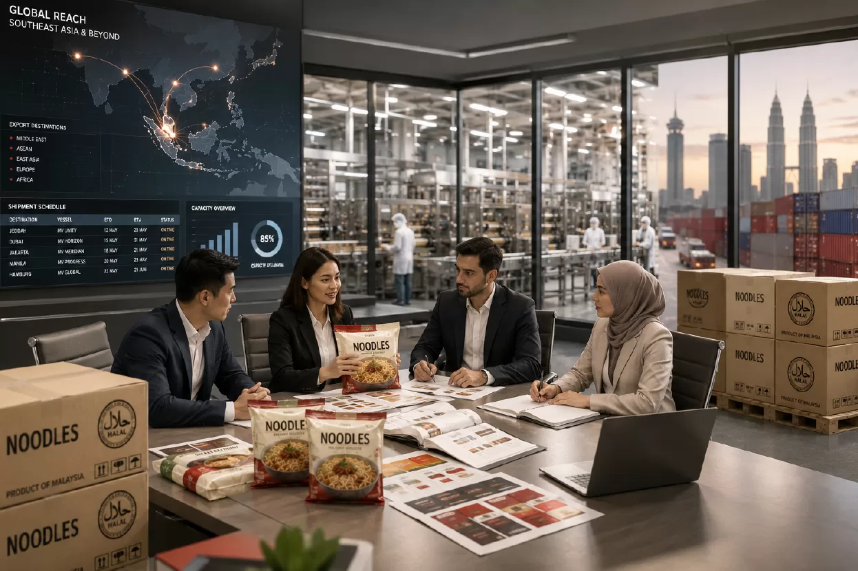 Malaysia is an ideal hub for exporting noodle brands due to its strong manufacturing expertise, globally recognised halal certification, strategic location, and established reputation in international markets.