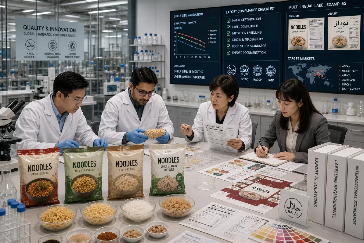 Developing an export-ready noodle product involves selecting the right noodle format, ensuring packaging complies with target market regulations, and validating shelf life for international distribution.