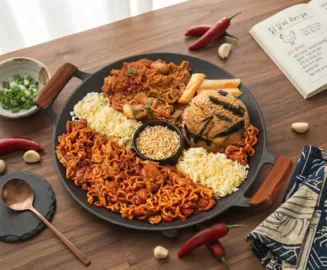 Cook a delicious Korean Dakgalbi with Vit's Noodles, pandan rice, tteokbokki and mozzarella. An easy one-pan recipe for family meals.