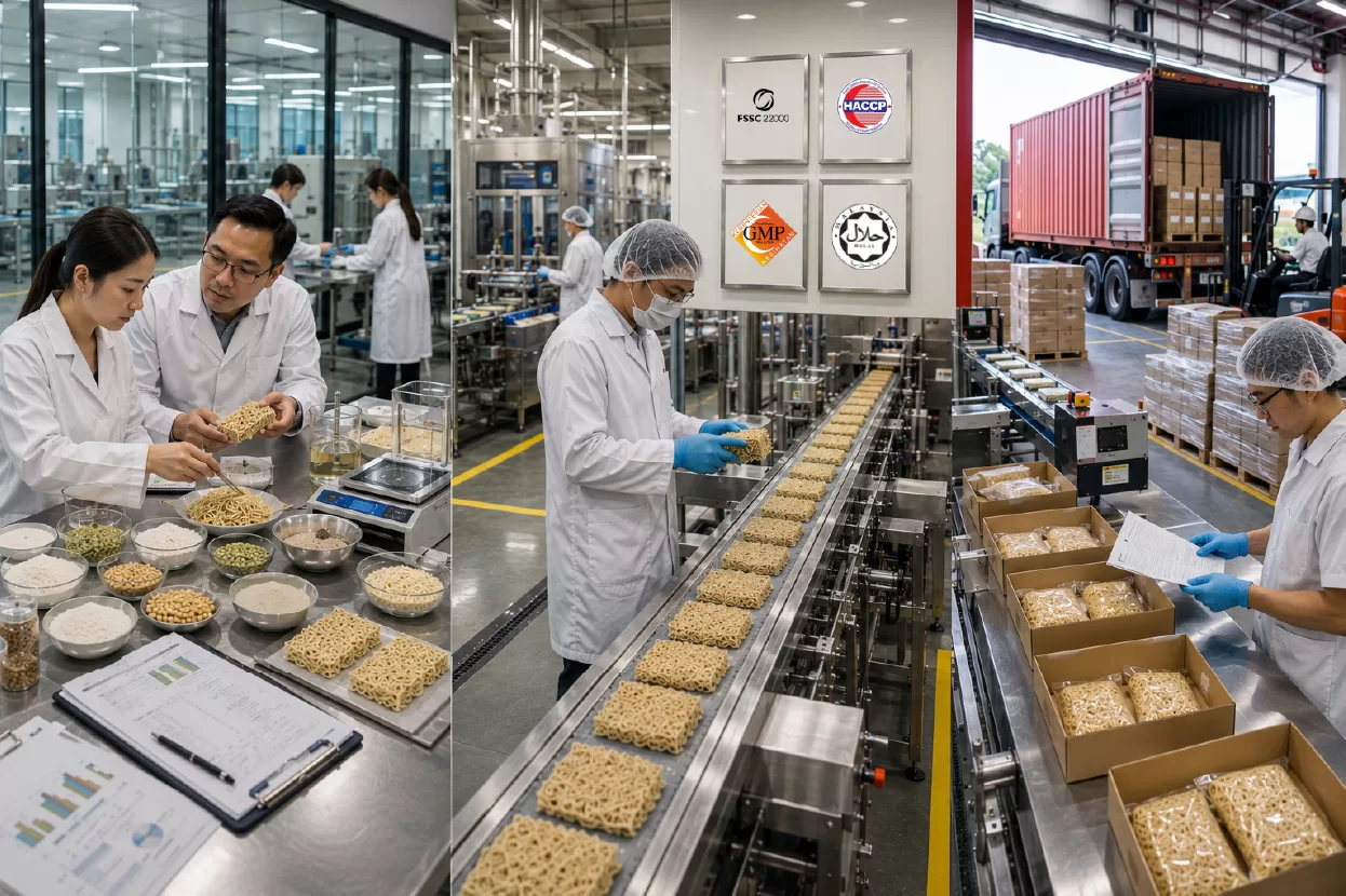 When choosing an OEM partner for high protein noodles, brands should prioritise strong R&D expertise, protein formulation experience, relevant certifications, export capabilities, and flexible production volumes.