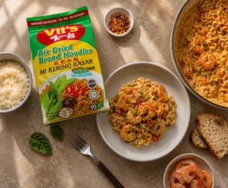Make creamy Cajun shrimp Alfredo noodles with Vit’s air-dried noodles, cheesy sauce, and spicy shrimp. A quick and easy noodle recipe ready in 30 minutes.