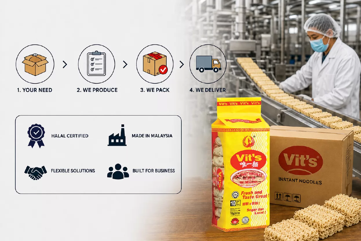 Vit’s offers bulk, OEM, and private label instant noodle solutions in Malaysia, helping businesses source quality noodles based on their volume and needs.