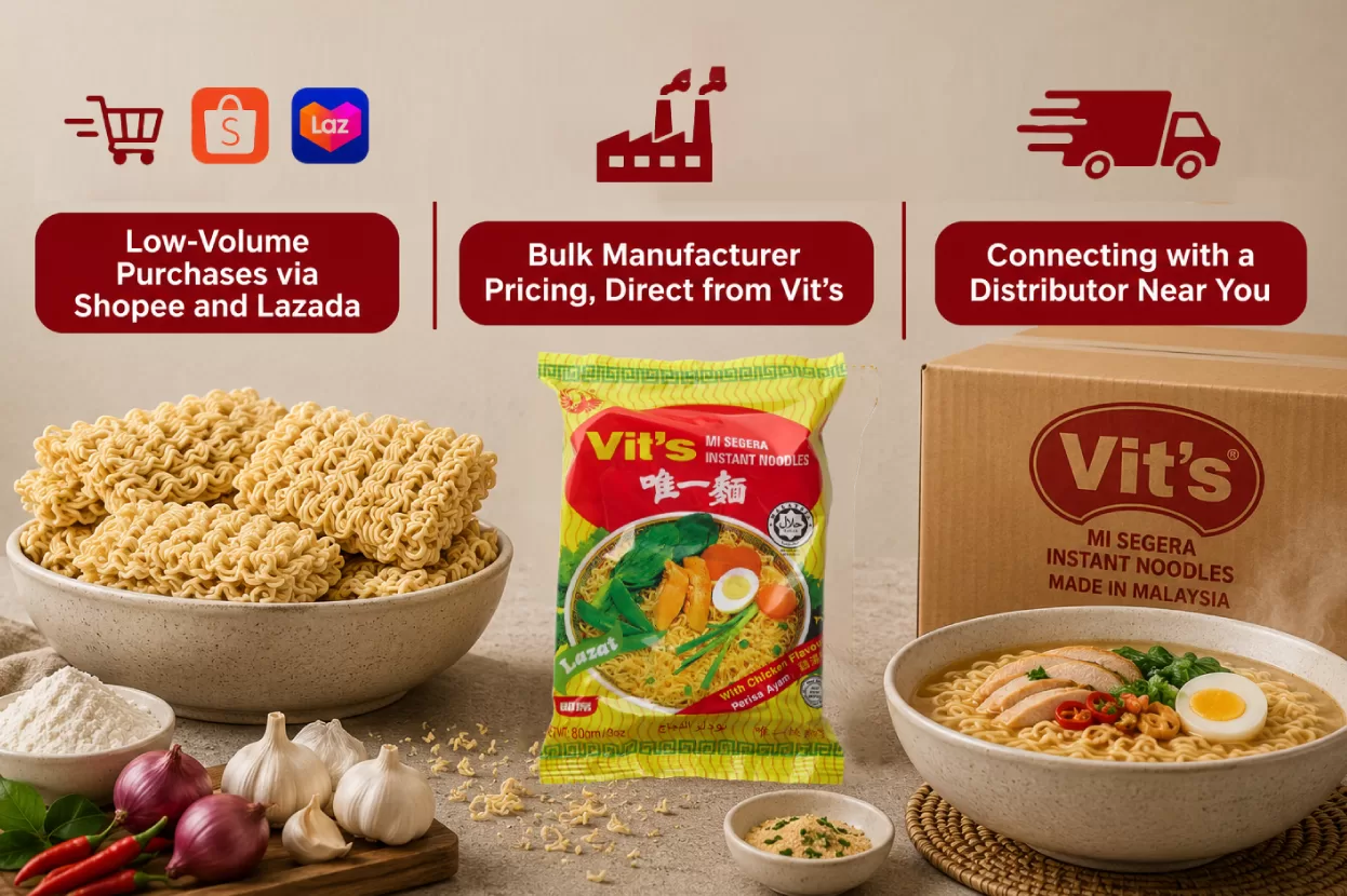 Vit's Instant Noodle Manufacturing: Bulk, OEM and Private Label Malaysia Vit’s offers flexible instant noodle sourcing through e-commerce, bulk orders, OEM/private label manufacturing, and local distributors.