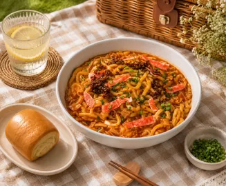 Try this easy chilli crab udon recipe with chewy udon noodles, tender crab meat, garlic, chilli and a rich savoury sauce.