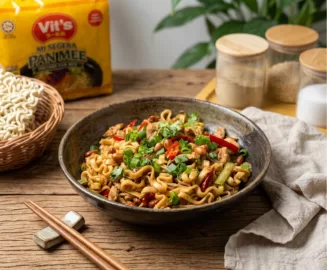 Make Sichuan cold noodles with Vit’s Pan Mee, shredded chicken, crunchy cucumber and a tangy chilli oil dressing. Try this easy, spicy noodle recipe.